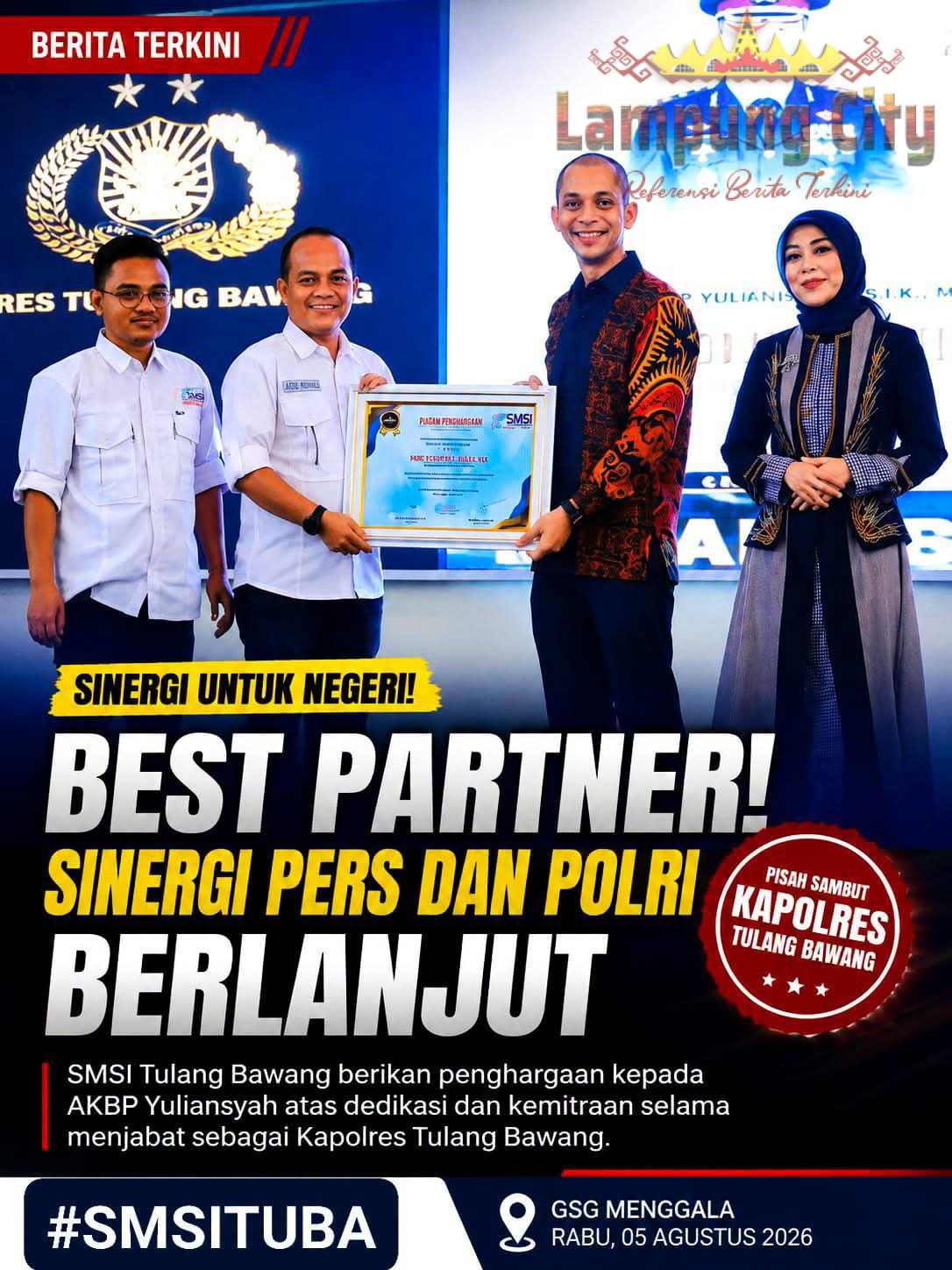 SMSI Tulang Bawang Berikan Piagam Best Partner kepada AKBP Yuliansyah di Acara Pisah Sambut Kapolres