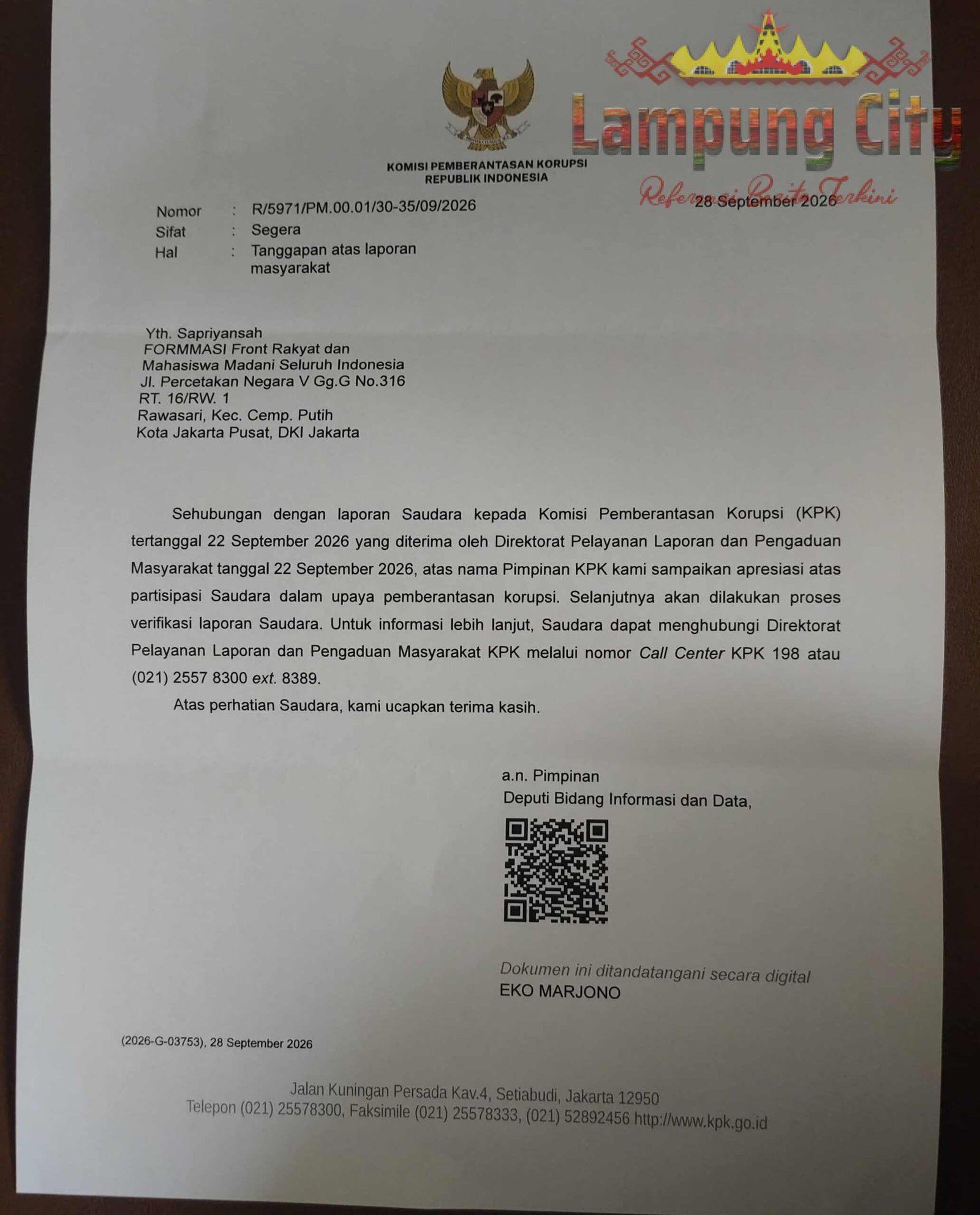 KPK Respons Laporan FORMMASI Soal Dugaan Penyimpangan Proyek PU Bandar Lampung, Masuk Tahap Verifikasi